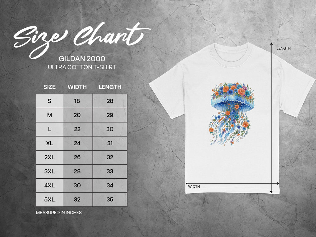 Gildan 2000 Ultra Cotton T-Shirt size chart with floral jellyfish graphic.