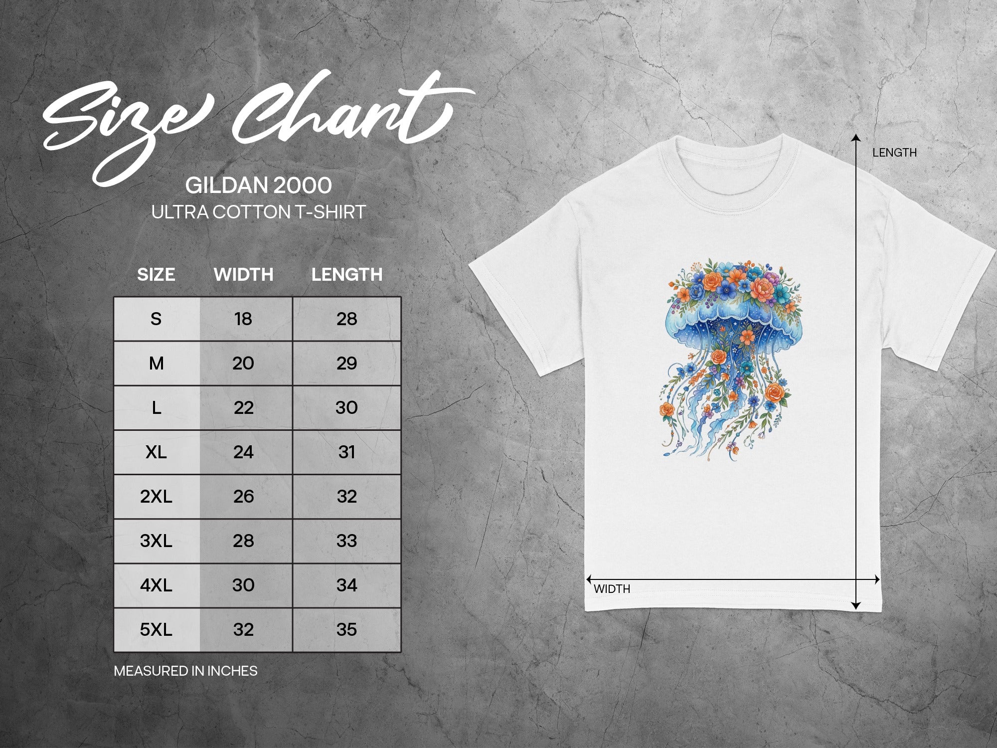 Gildan 2000 Ultra Cotton T-Shirt size chart with floral jellyfish graphic.