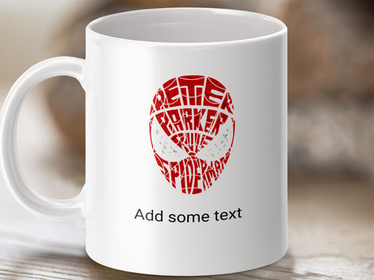 White mug with red Spiderman mask design composed of text, "Add some text".