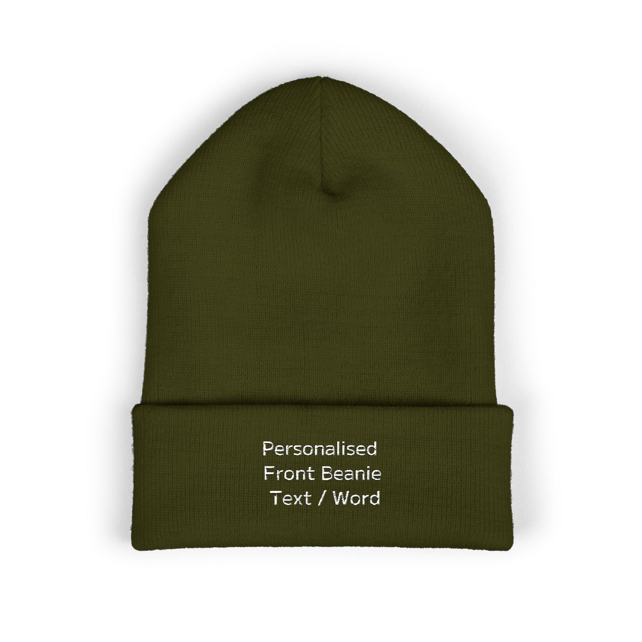 Olive green beanie with "Personalised Front Beanie Text / Word" embroidered.