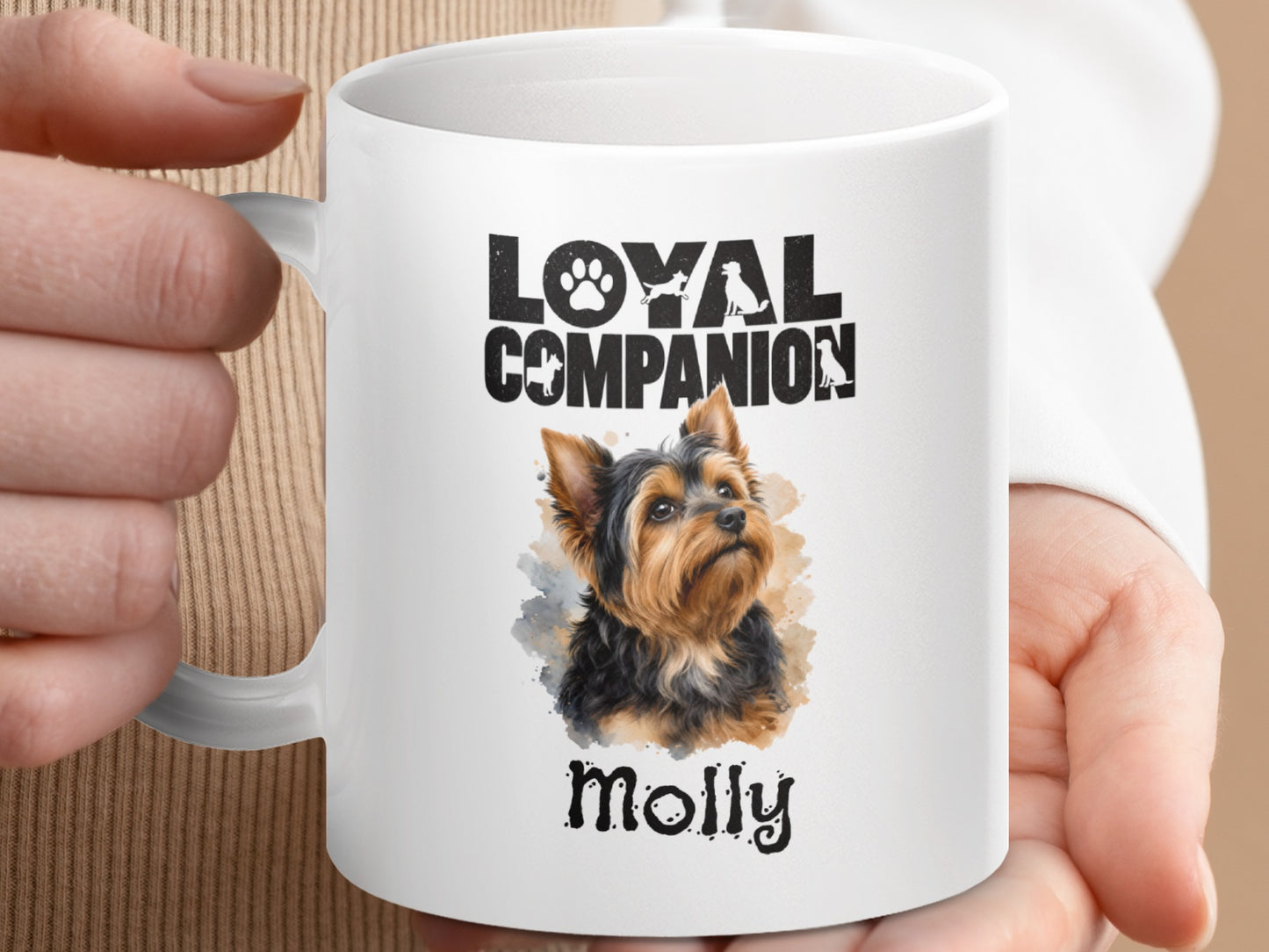 White mug with "Loyal Companion" text, dog paw print, silhouette dogs, and Yorkshire Terrier portrait labeled "Molly".