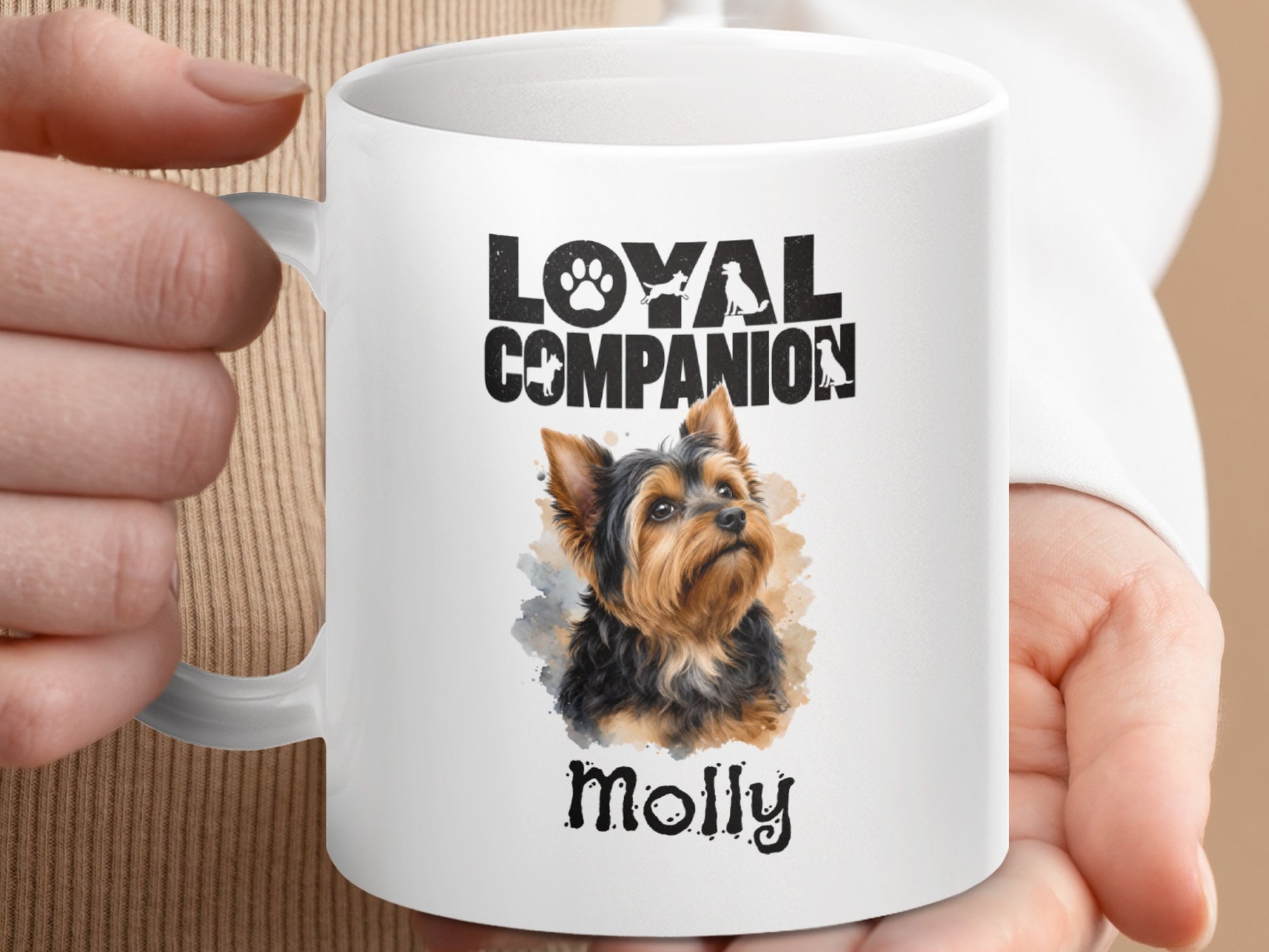 White mug with "Loyal Companion" text, dog paw print, silhouette dogs, and Yorkshire Terrier portrait labeled "Molly".