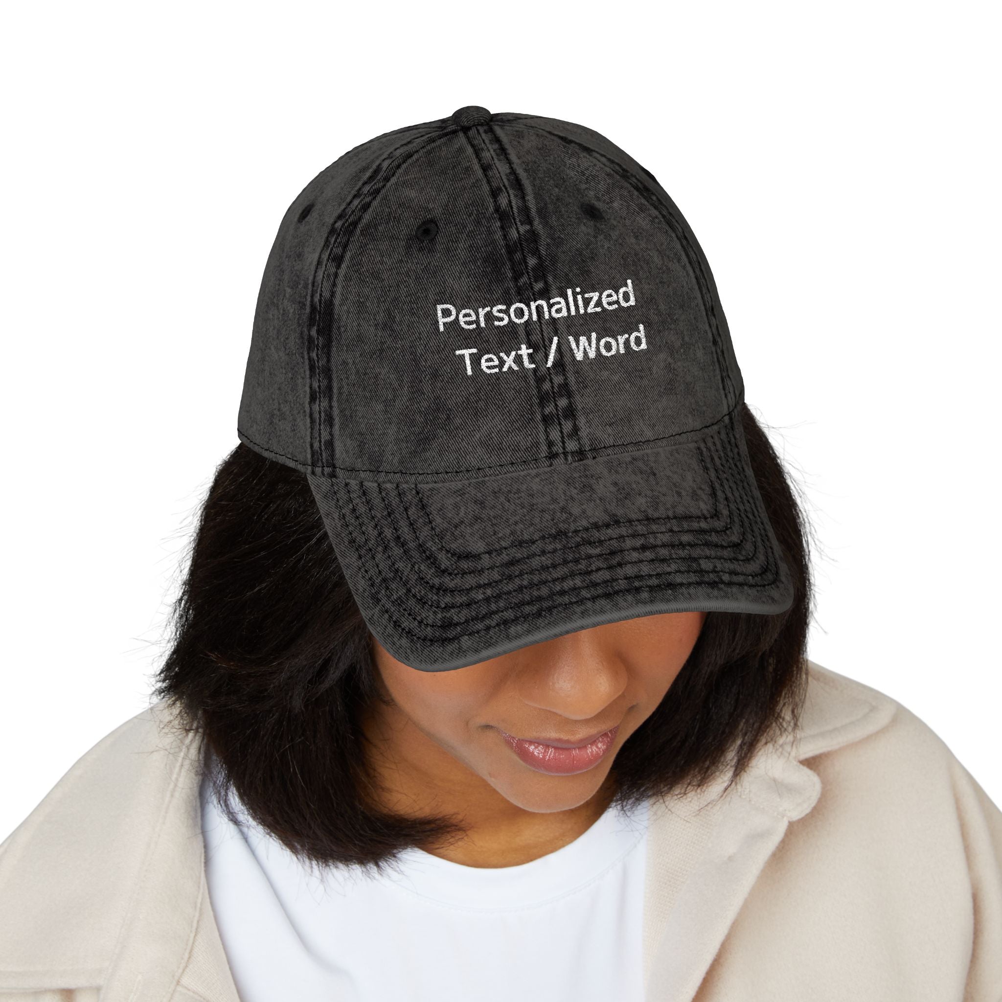 Dark denim cap with white embroidered text "Personalized Text / Word".