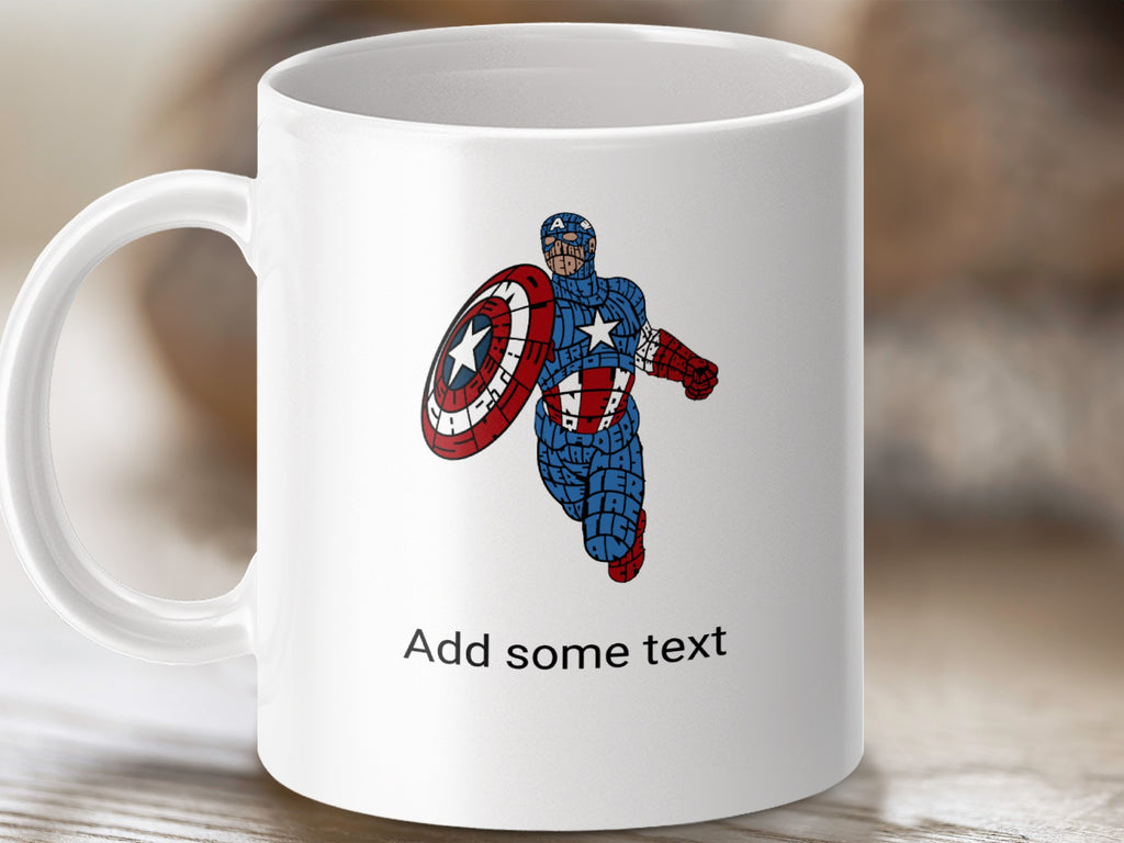 White mug with Captain America illustration and "Add some text" placeholder.