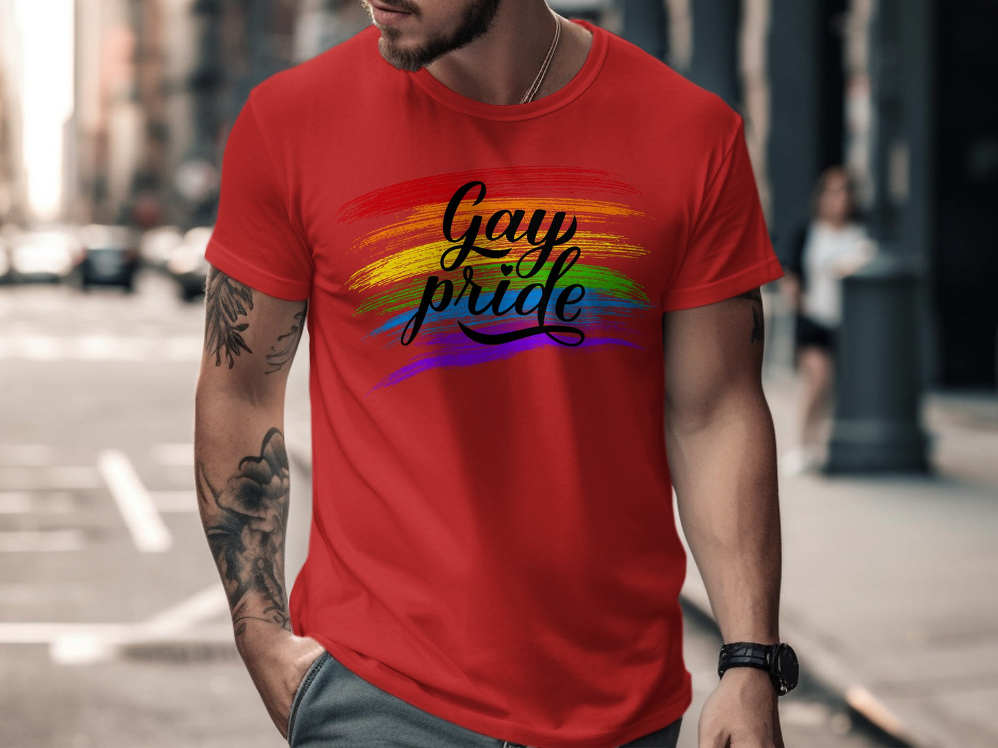 Red t-shirt with "Gay pride" in black text over rainbow brush strokes.