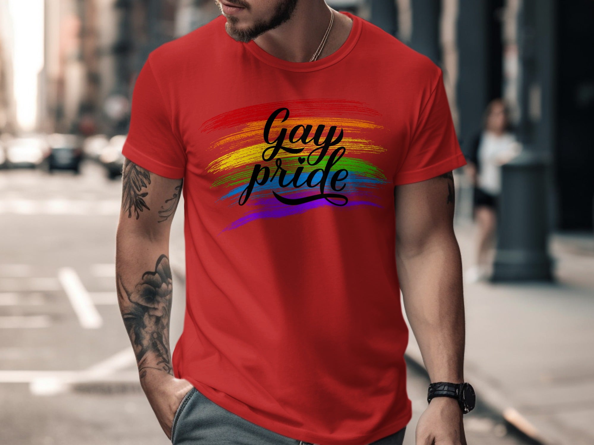 Red t-shirt with "Gay pride" in black text over rainbow brush strokes.