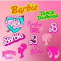 Collection of Barbie logos, silhouettes, and text on a pink background.