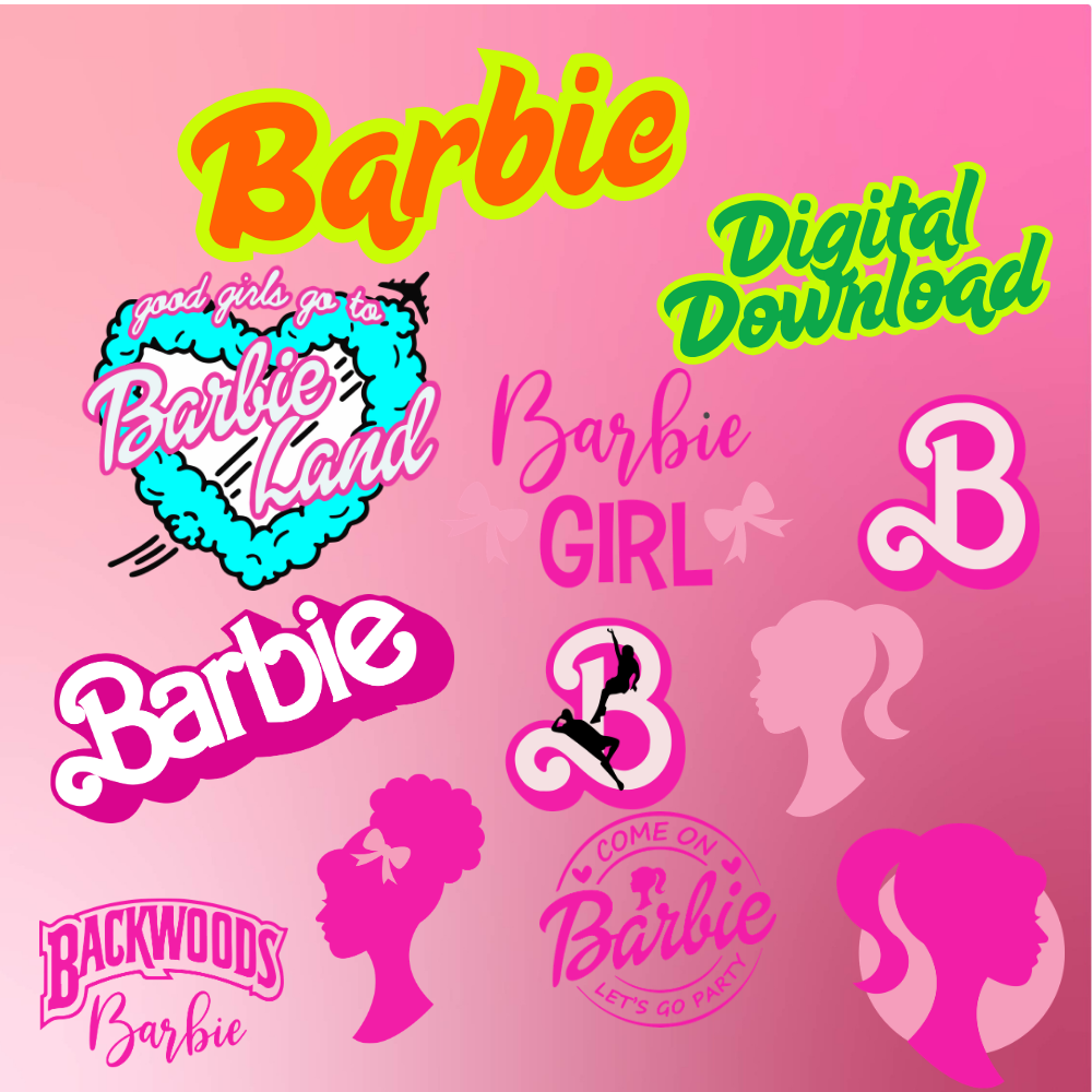 Collection of Barbie logos, silhouettes, and text on a pink background.