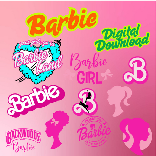 Collection of Barbie logos, silhouettes, and text on a pink background.