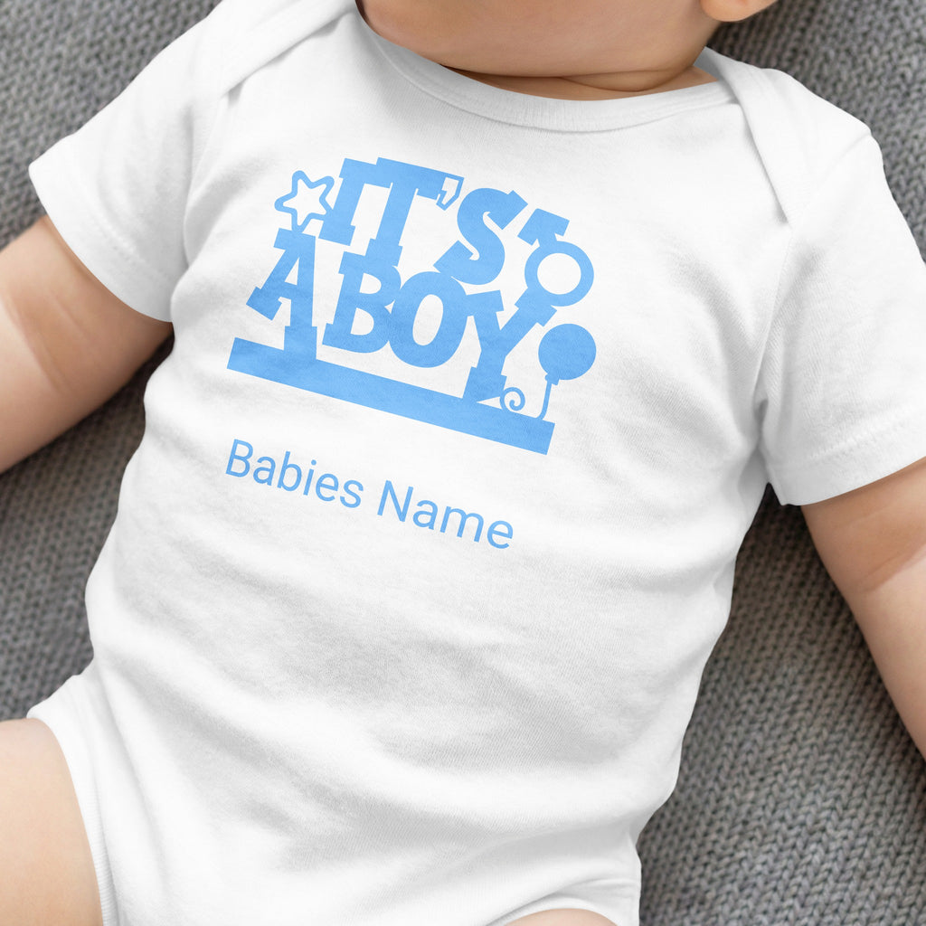 White baby onesie with blue "It's a boy!" graphic and "Babies Name" text.