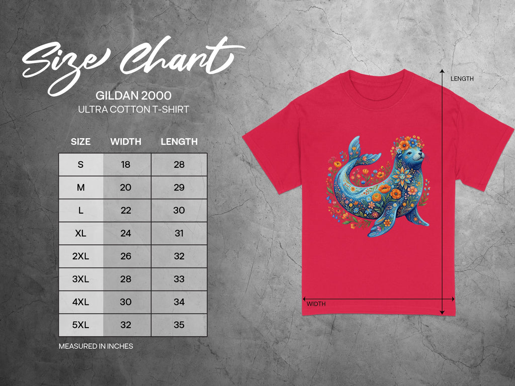 Gildan 2000 Ultra Cotton t-shirt size chart with width and length measurements in inches.