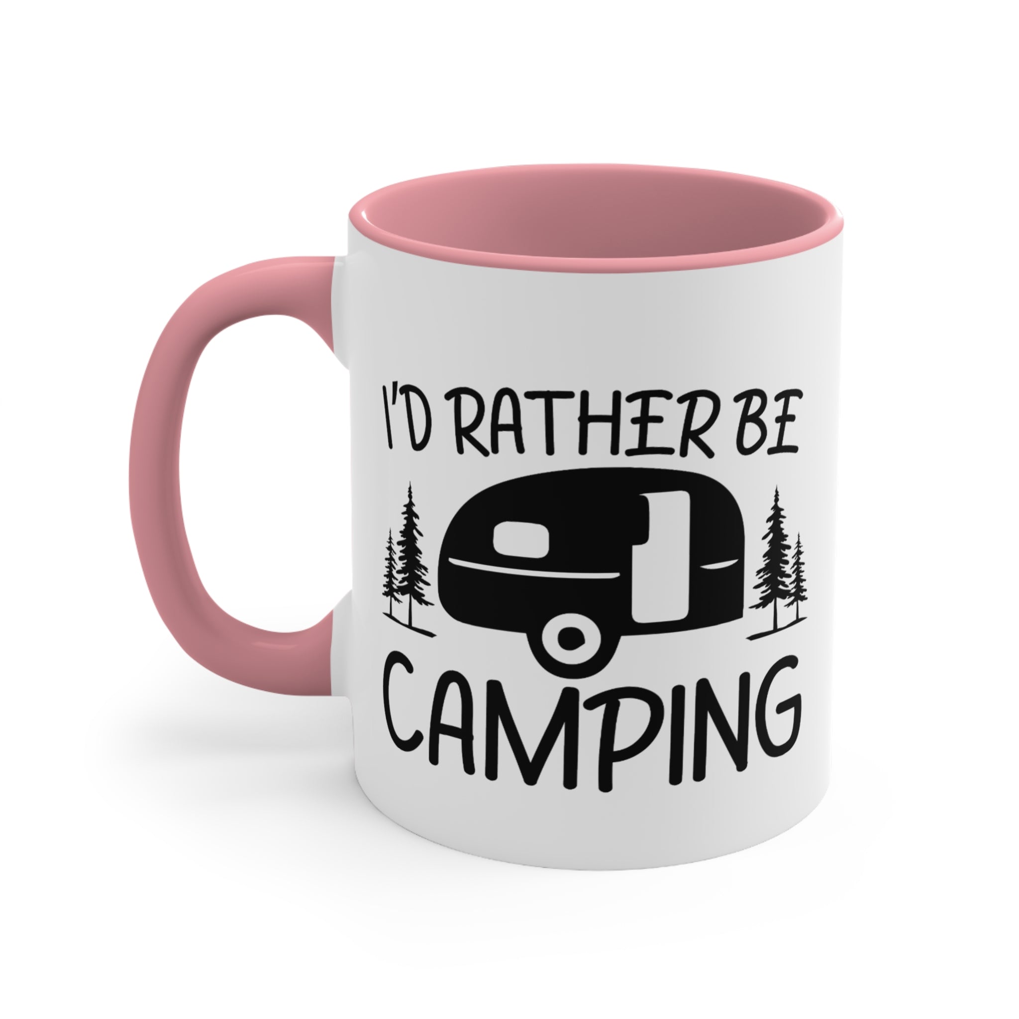 White mug with pink handle and interior, featuring text and camping graphic.