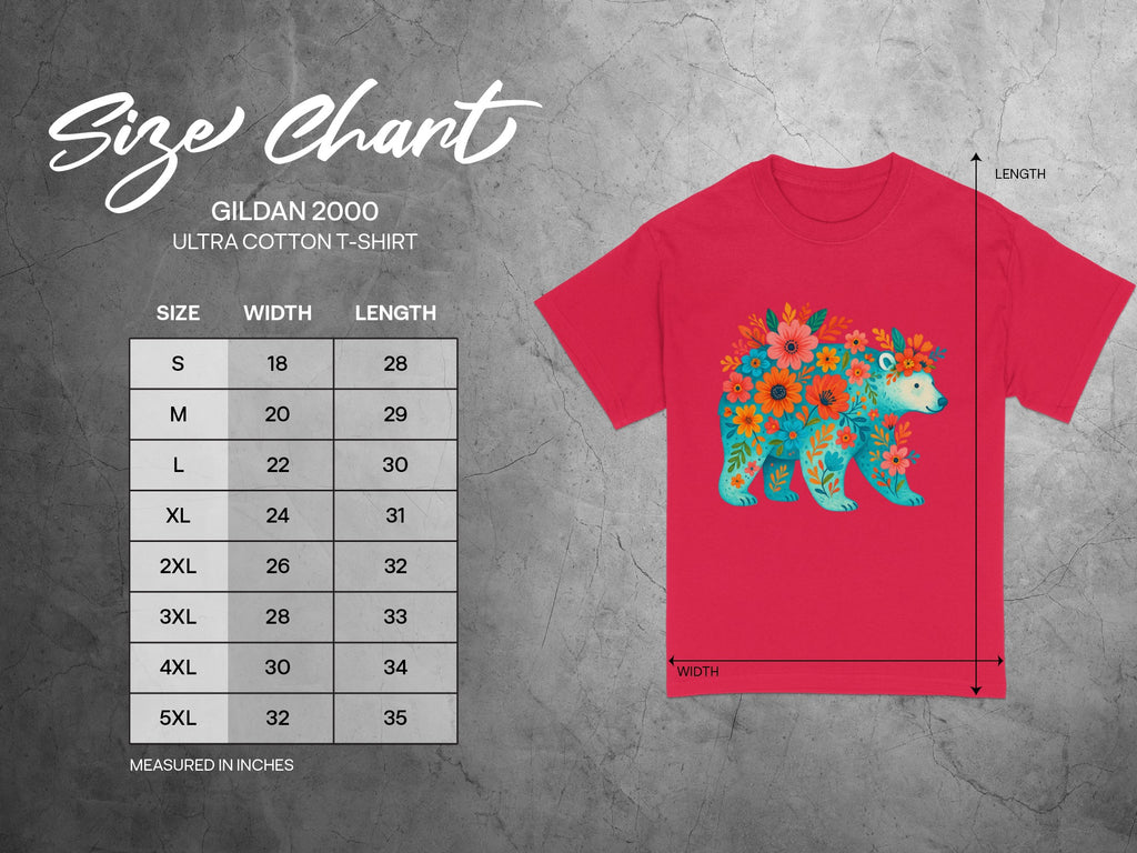 Gildan 2000 Ultra Cotton t-shirt size chart with floral bear graphic, measured in inches.