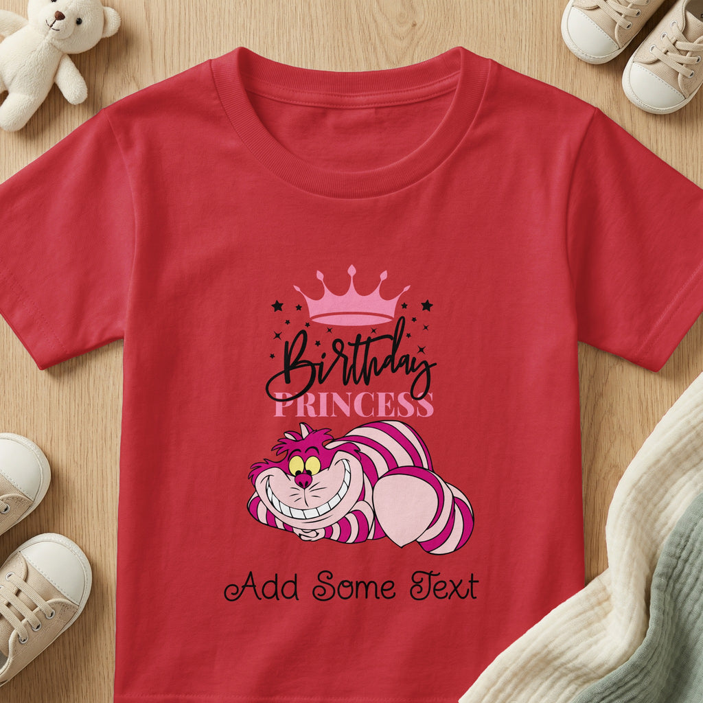 Red t-shirt with "Birthday Princess" text and Cheshire Cat graphic.
