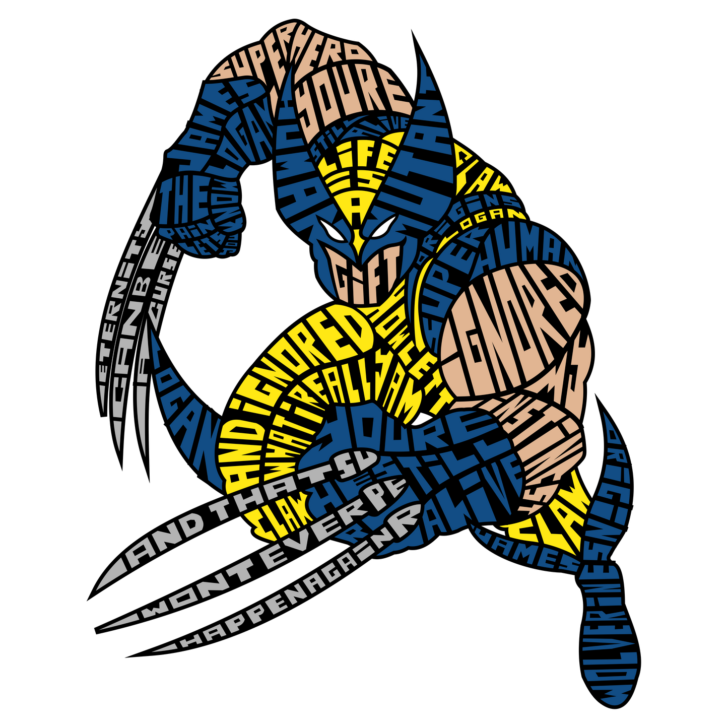 Wolverine artwork formed by text, featuring claws extended in action pose.