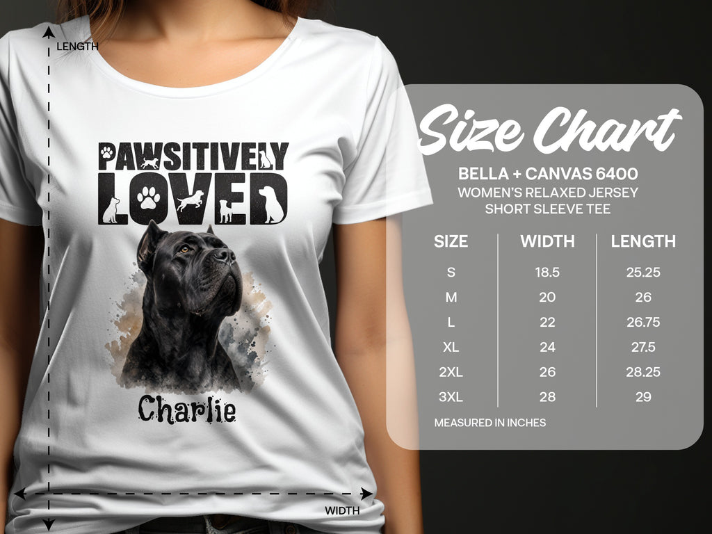 White t-shirt with dog graphic and "PAWSITIVELY LOVED" text, with a size chart.
