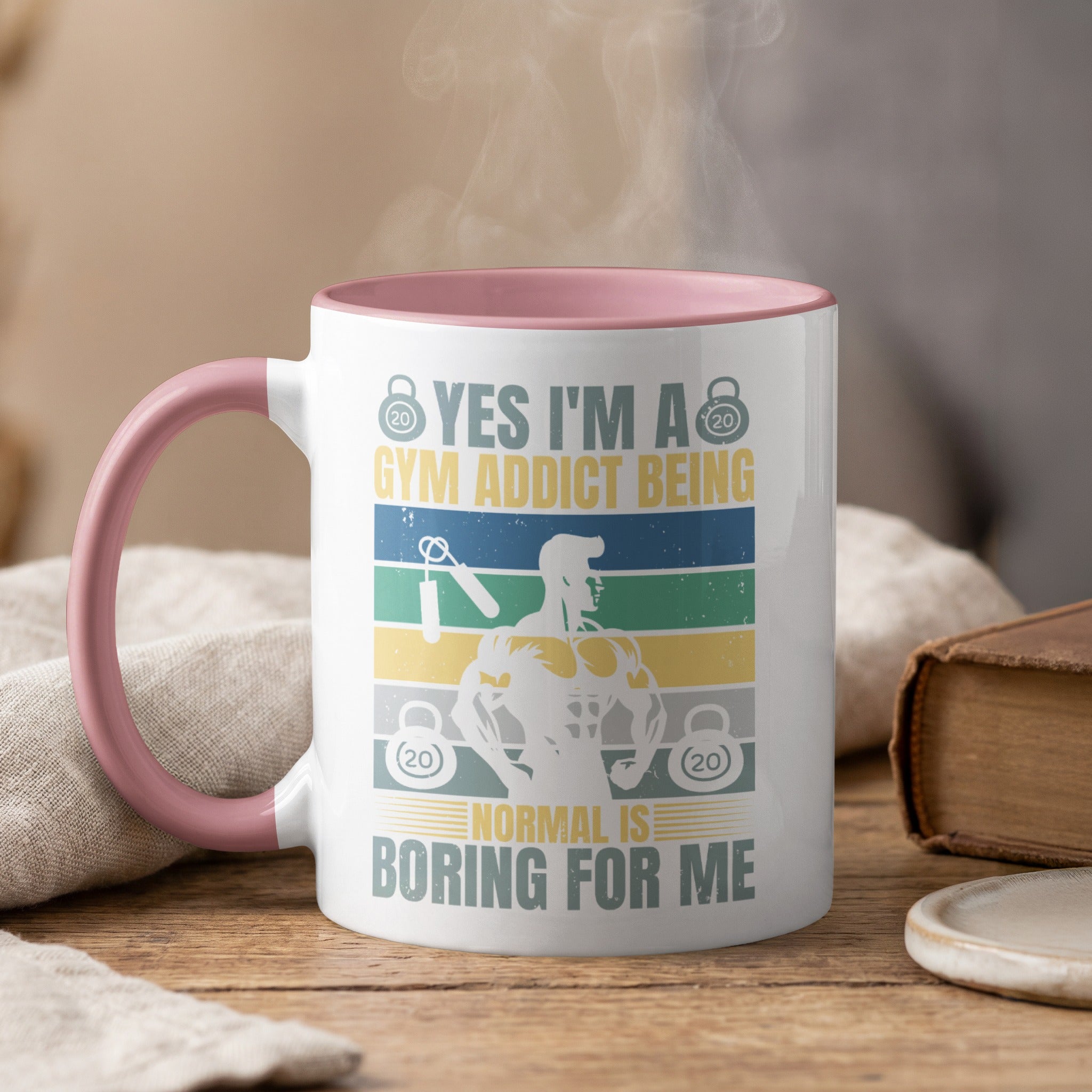 Mug with gym addict text and man lifting weights.