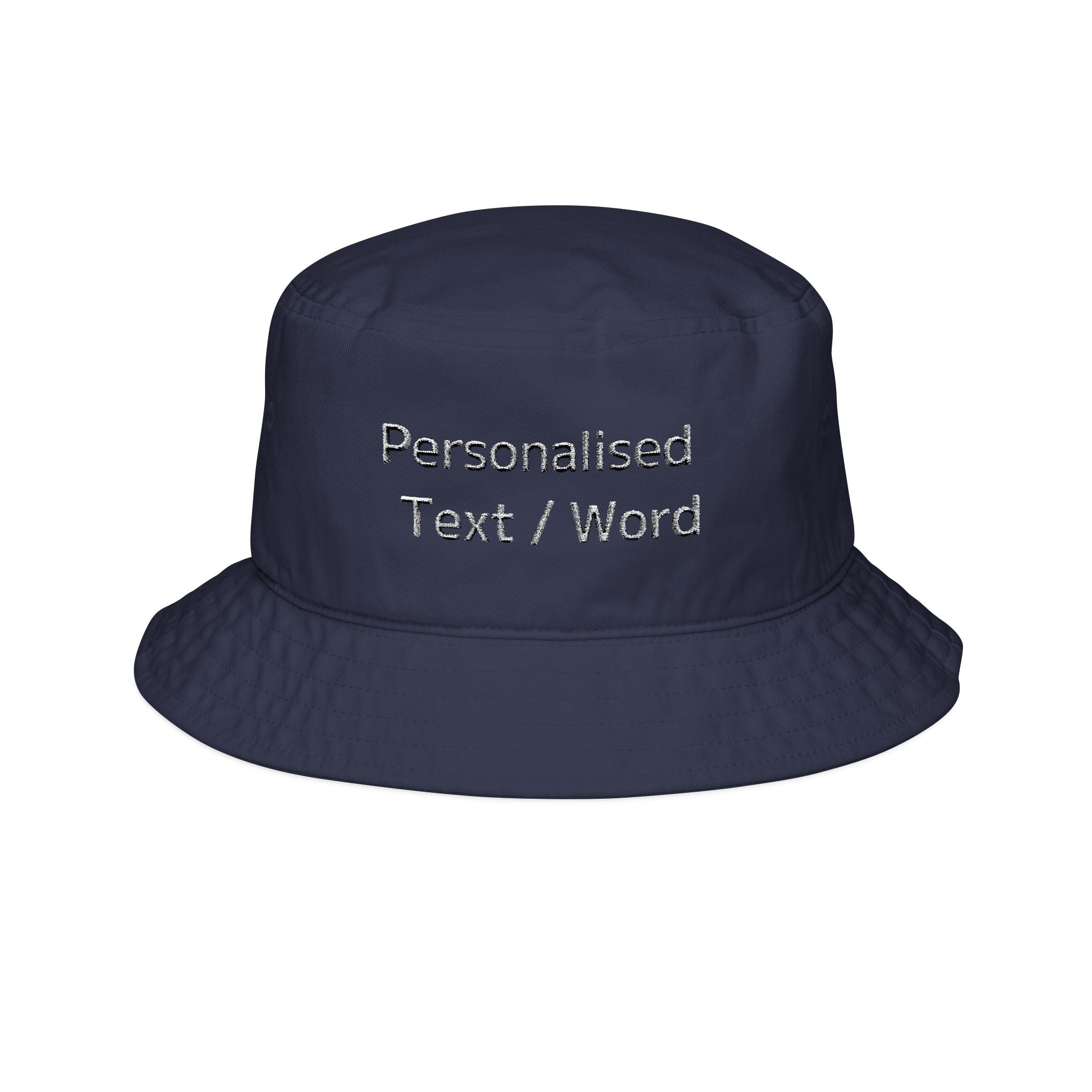 Navy bucket hat embroidered with "Personalised Text / Word".
