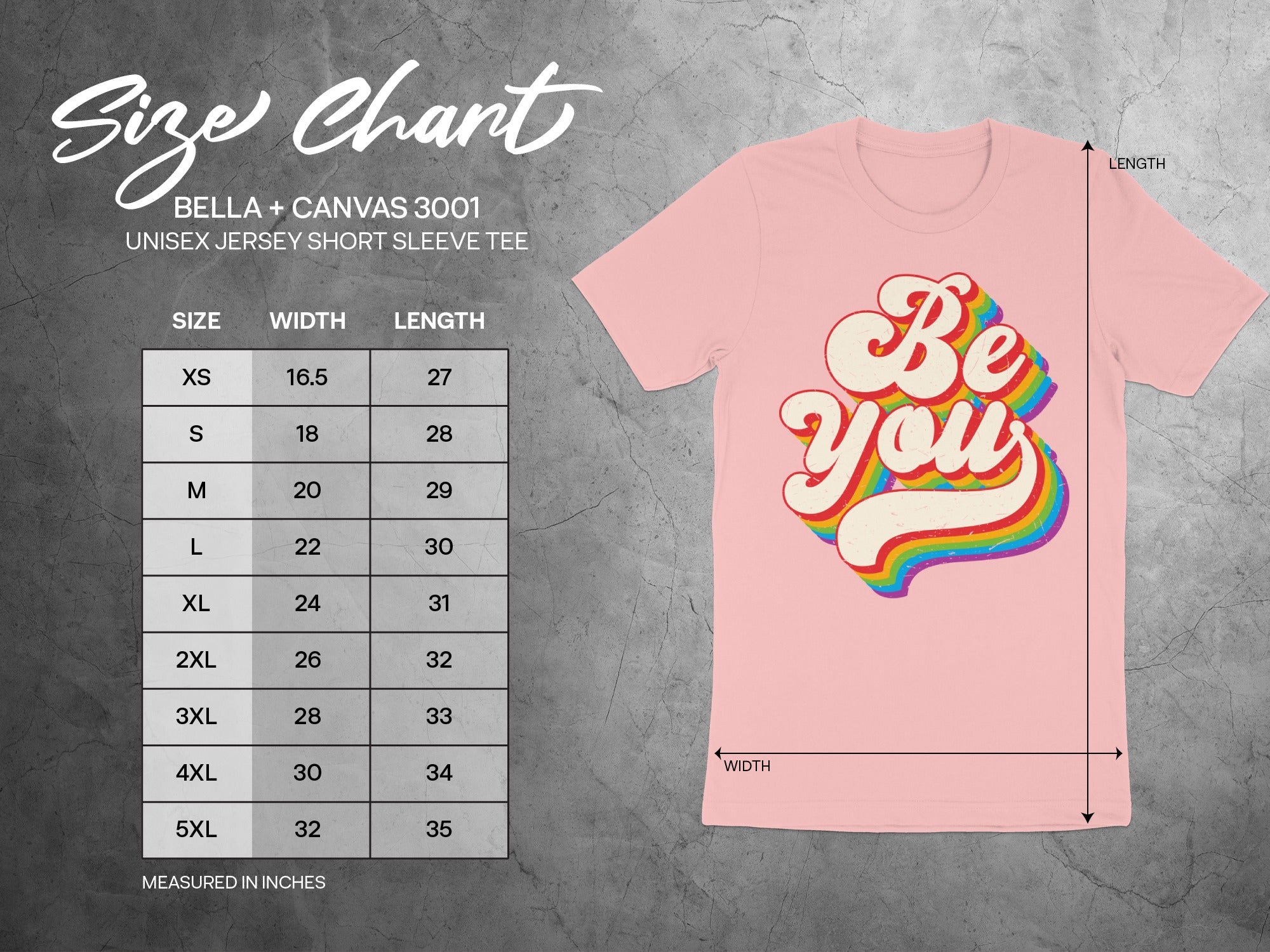 Size chart for Bella + Canvas 3001 unisex short sleeve tee, with width and length measurements.