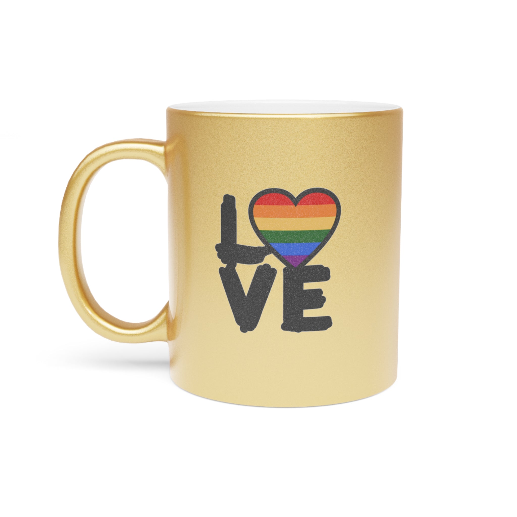 Gold mug with black "LOVE" text, featuring a rainbow heart.