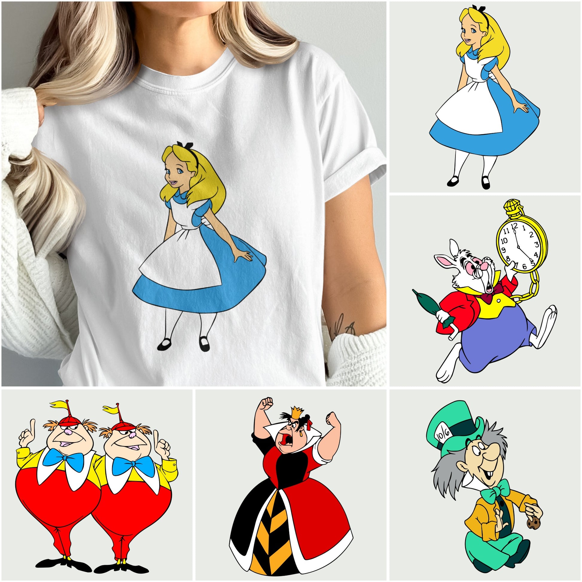 T-shirt mockup featuring Alice, the White Rabbit, Tweedledee and Tweedledum, the Queen of Hearts, and the Mad Hatter.