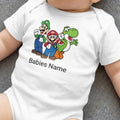 Mario, Luigi, and Yoshi characters on a white baby onesie with "Babies Name" text.