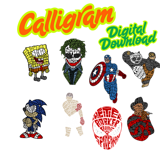 Calligram art of Spongebob, Joker, Captain America, Sonic, boxer, and Freddy Krueger.