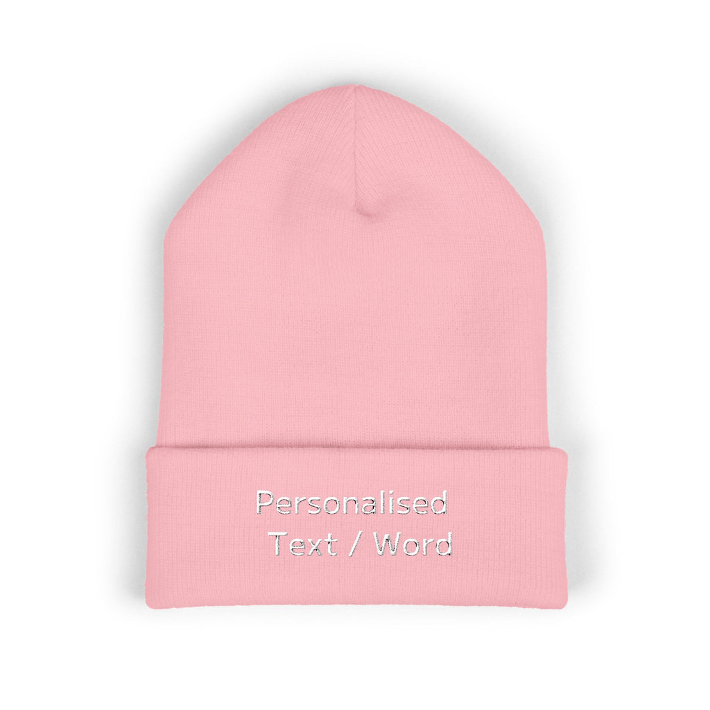 Pink knitted beanie with "Personalised Text / Word" embroidered on the cuff.