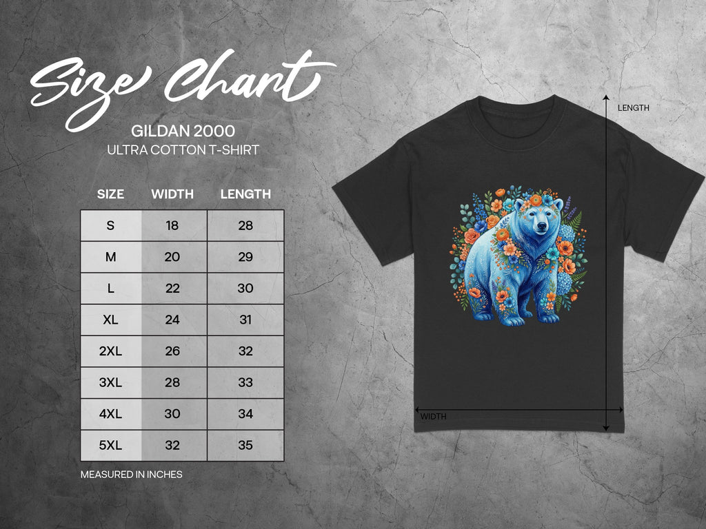 Gildan 2000 Ultra Cotton T-shirt size chart with floral bear graphic.