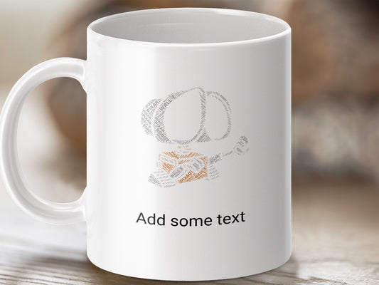 White mug with WALL-E made of text, "Add some text".