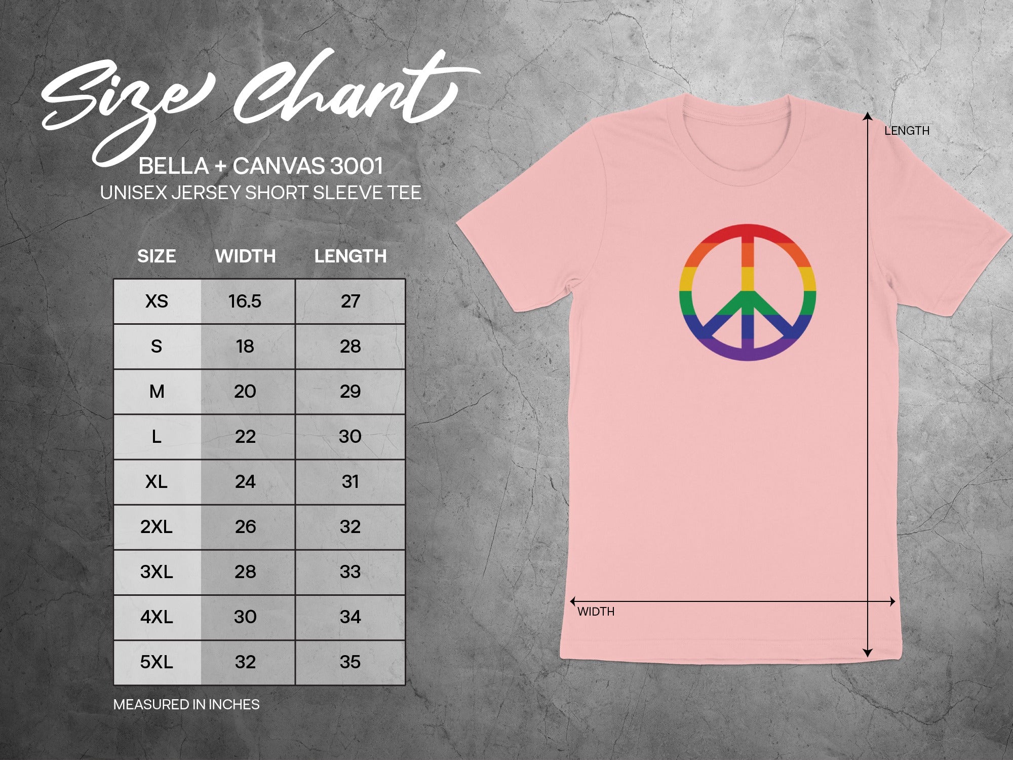 Bella + Canvas 3001 size chart for unisex short sleeve tee with a rainbow peace sign.