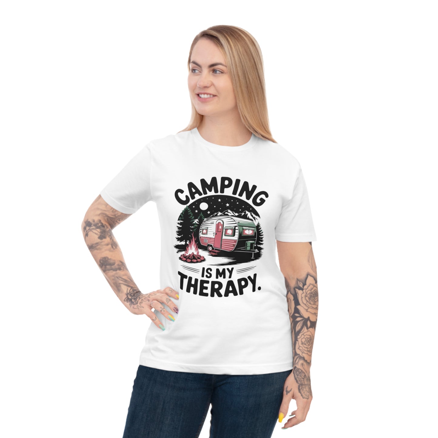 White t-shirt graphic featuring a camper, campfire, trees, and text that reads "CAMPING IS MY THERAPY."