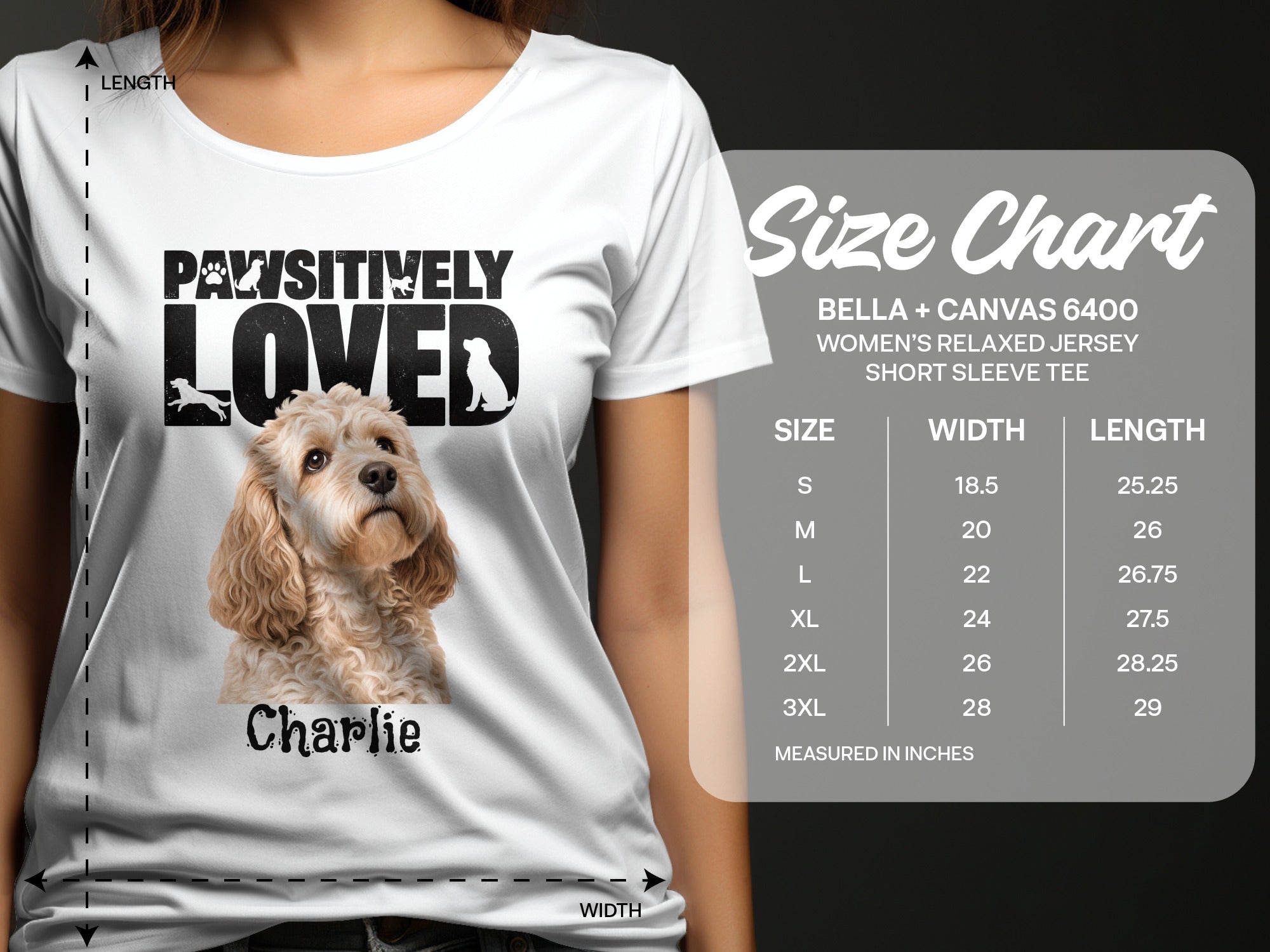 White t-shirt with dog graphic and "Pawsitively Loved Charlie" text. Size chart included.