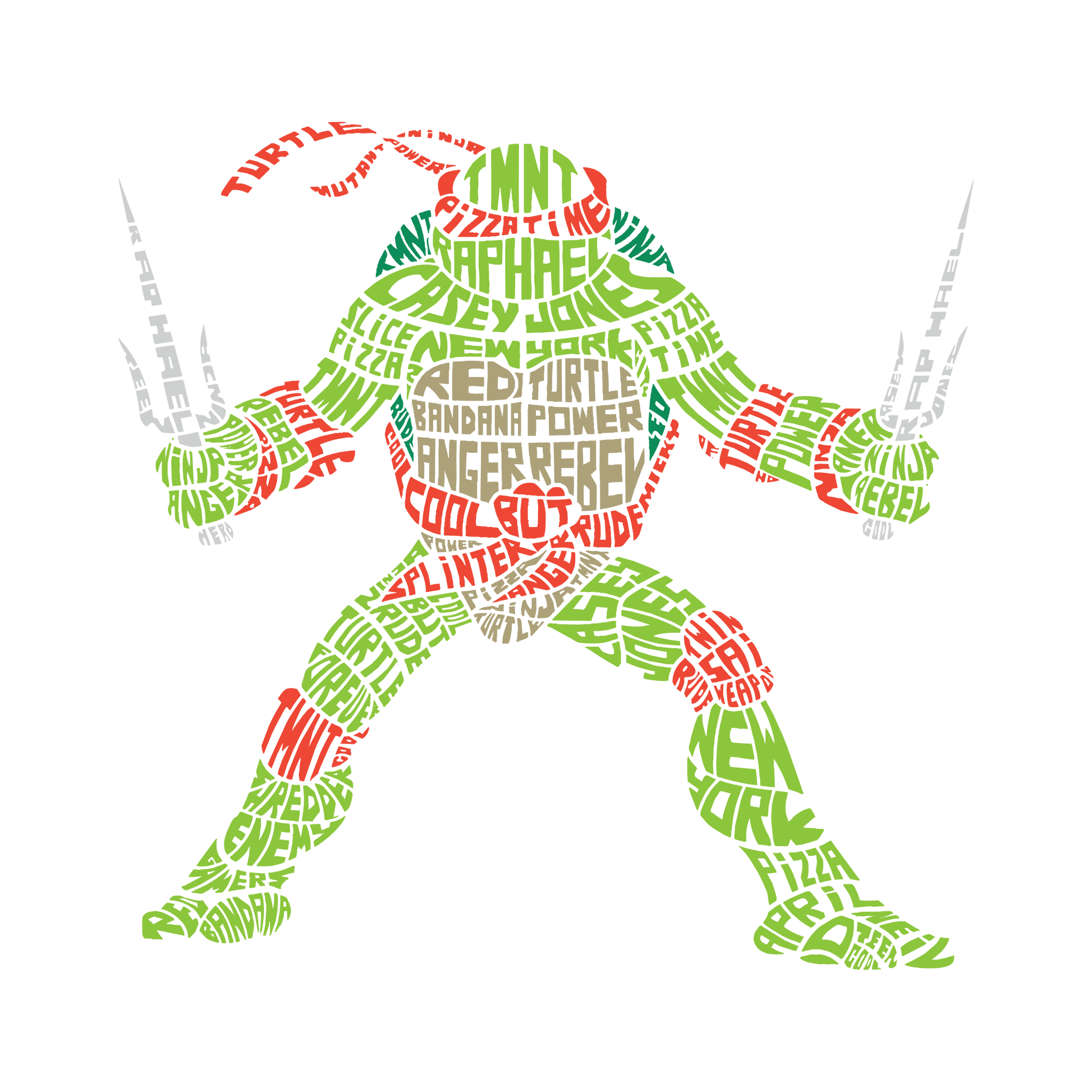 Teenage Mutant Ninja Turtle figure formed from words like "pizza", "ninja", "mutant", and their names.