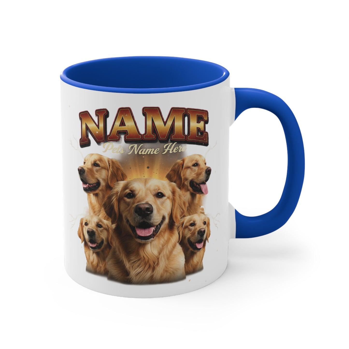 Golden Retriever mug with five dog faces and "NAME" text.