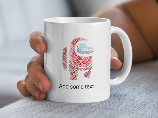 White mug with Among Us character made of red text, "Add some text".