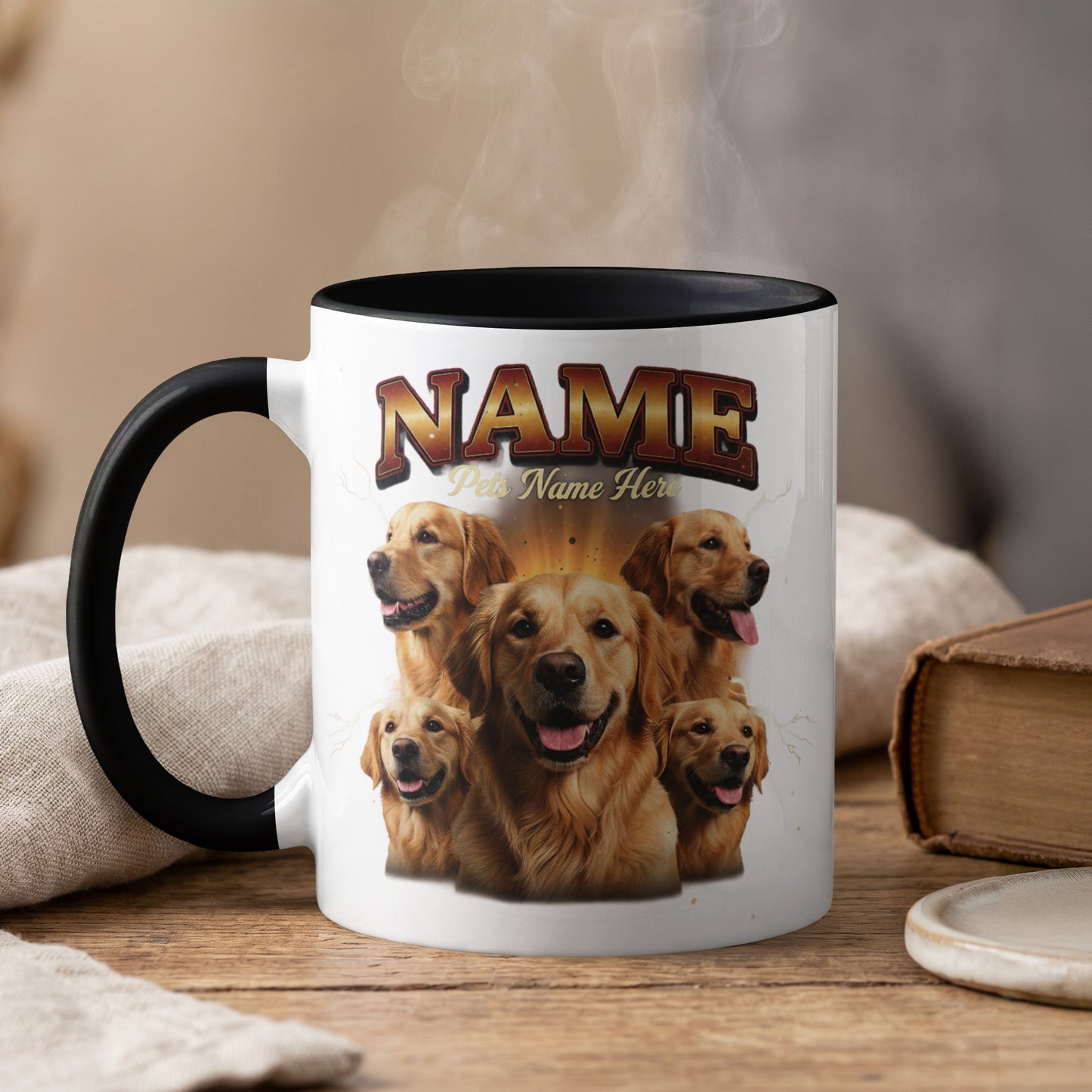 Mug with five golden retriever faces and personalized text "NAME" and "Pets Name Here".