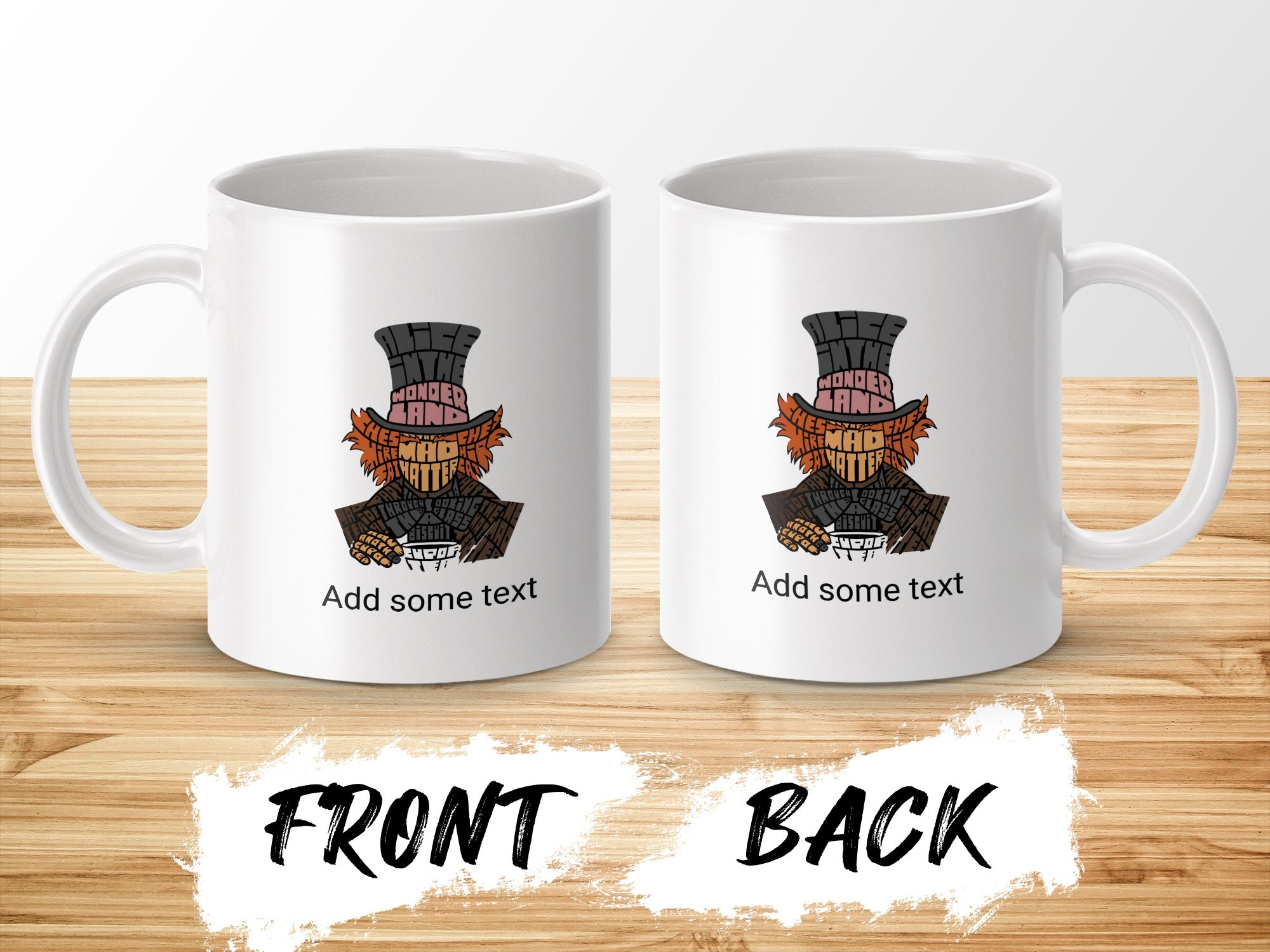 White mug with a whimsical character illustration and "Add some text" on front and back.