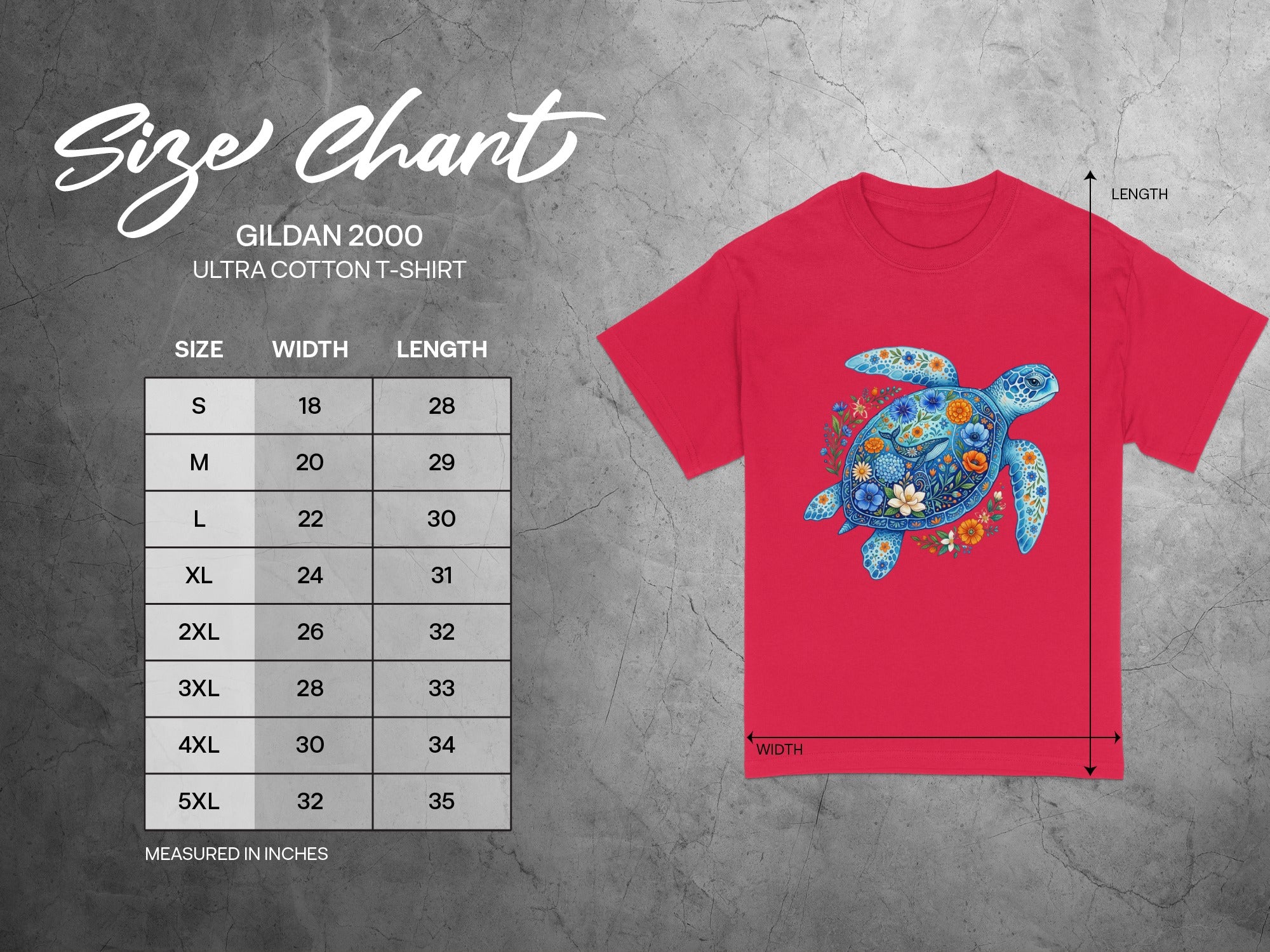 Gildan 2000 Ultra Cotton T-shirt size chart with measurements in inches.
