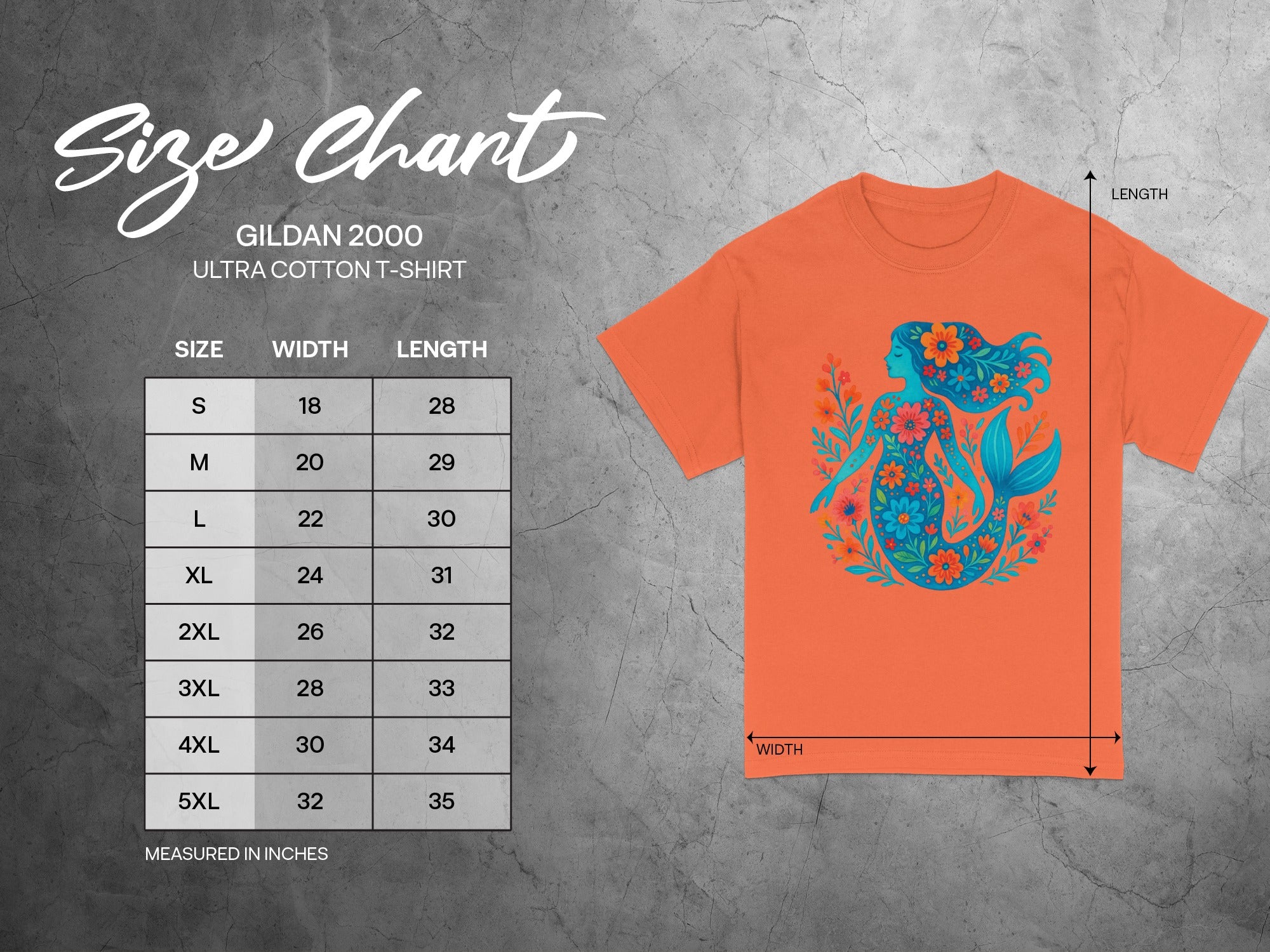 Gildan 2000 Ultra Cotton t-shirt size chart with mermaid graphic measured in inches.