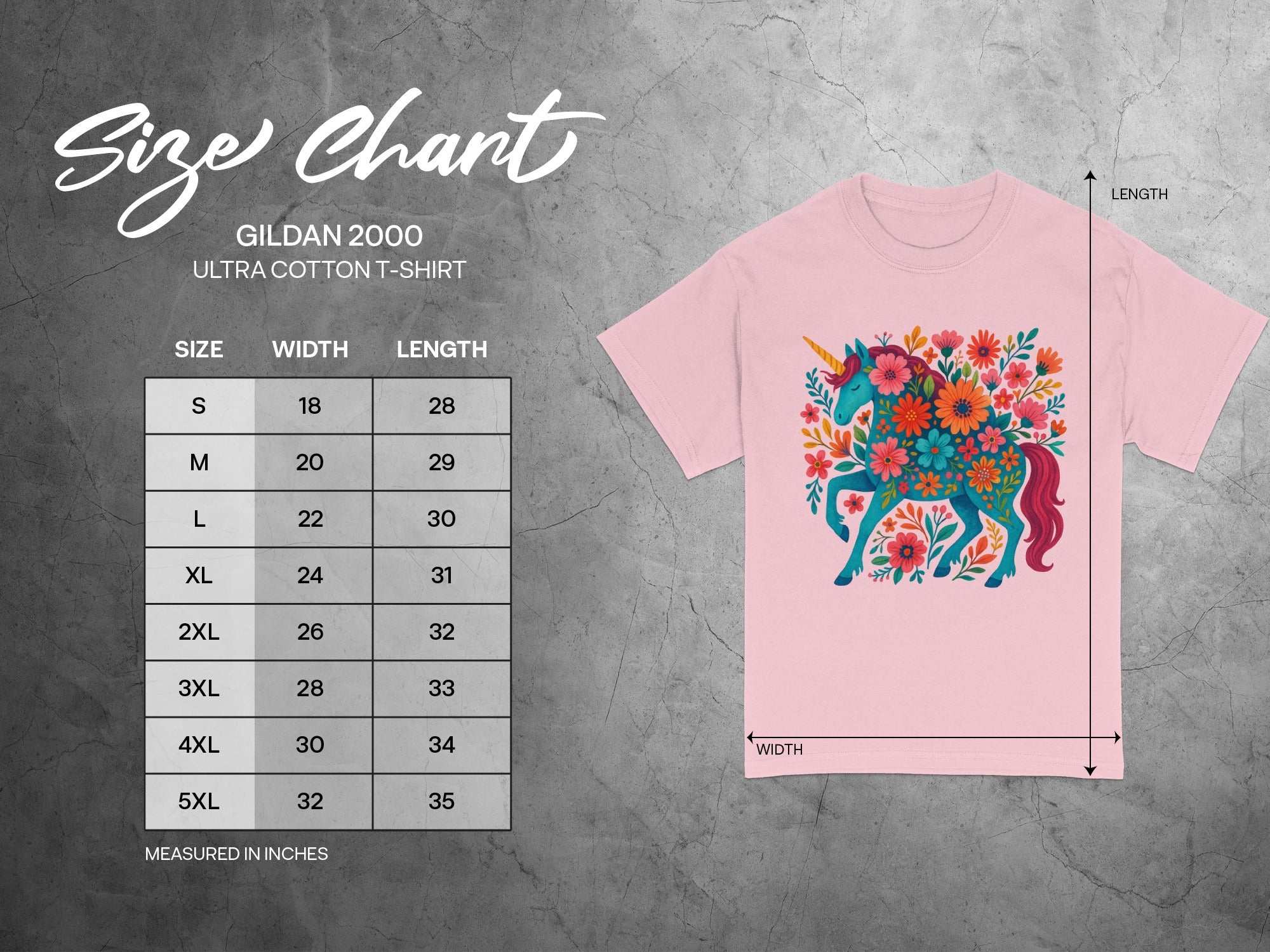 Gildan 2000 Ultra Cotton T-shirt size chart with width and length measurements in inches.