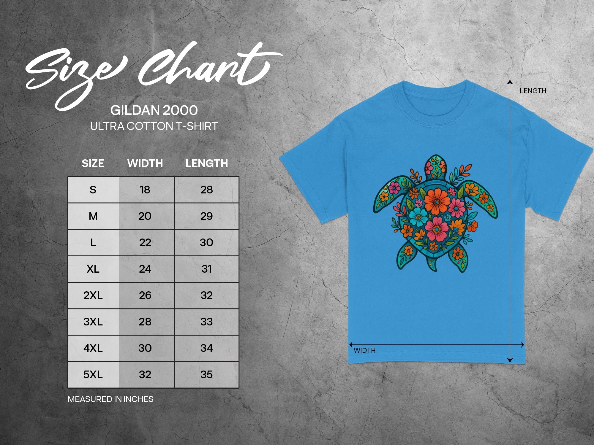 Gildan 2000 Ultra Cotton T-shirt size chart with measurements in inches.