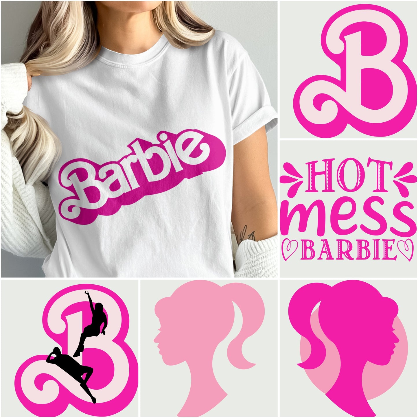 White t-shirt with "Barbie" text, "Hot Mess Barbie" text, and Barbie silhouette designs.