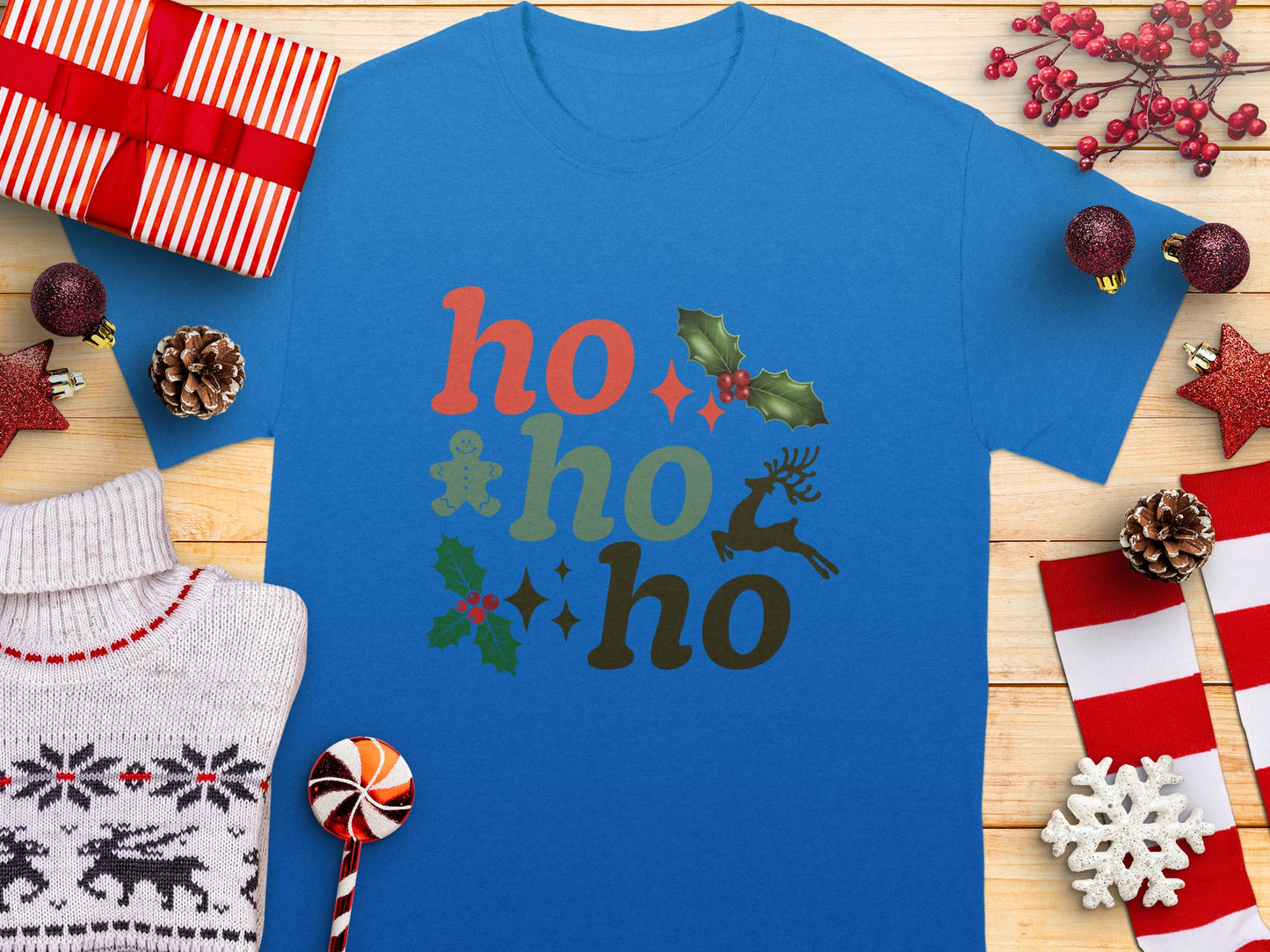 Fun Ho Ho Ho Christmas Themed Blue T-Shirt
