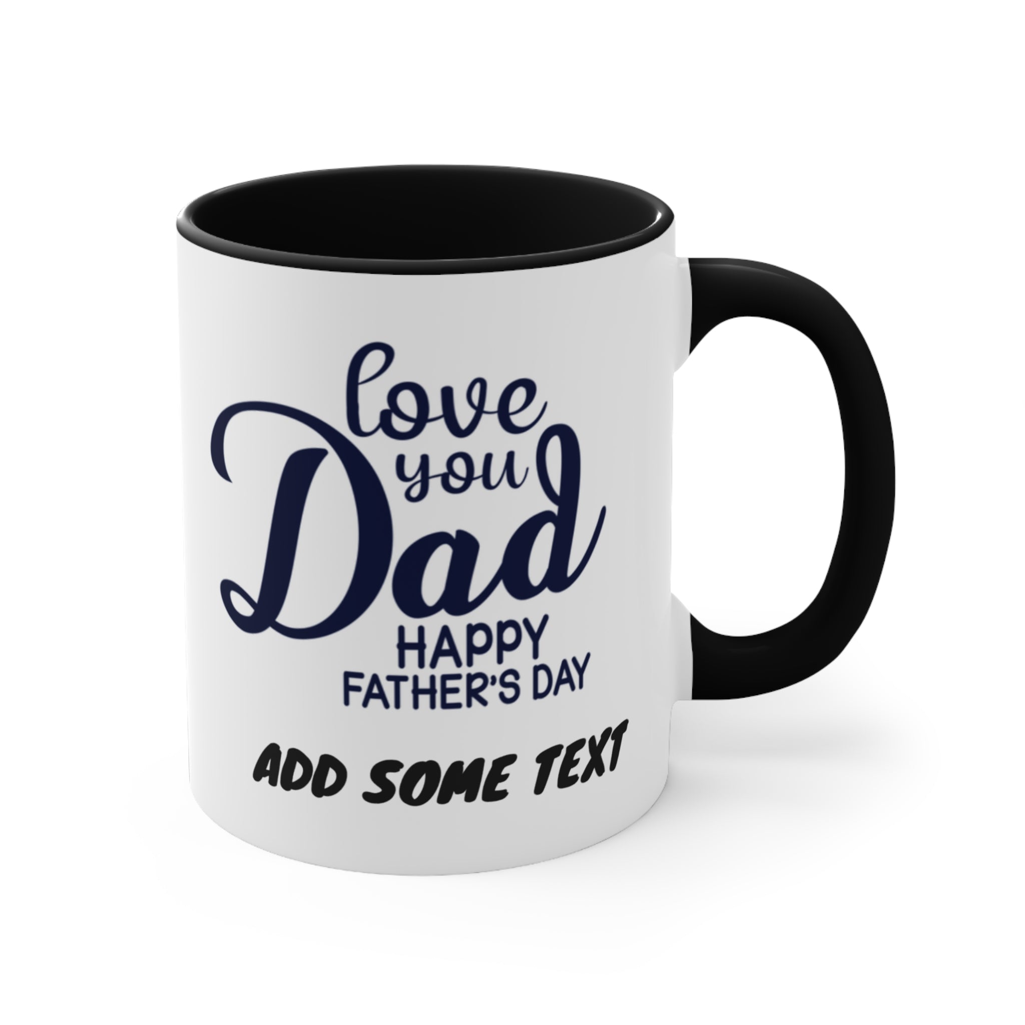 White mug with "love you Dad Happy Father's Day" text.