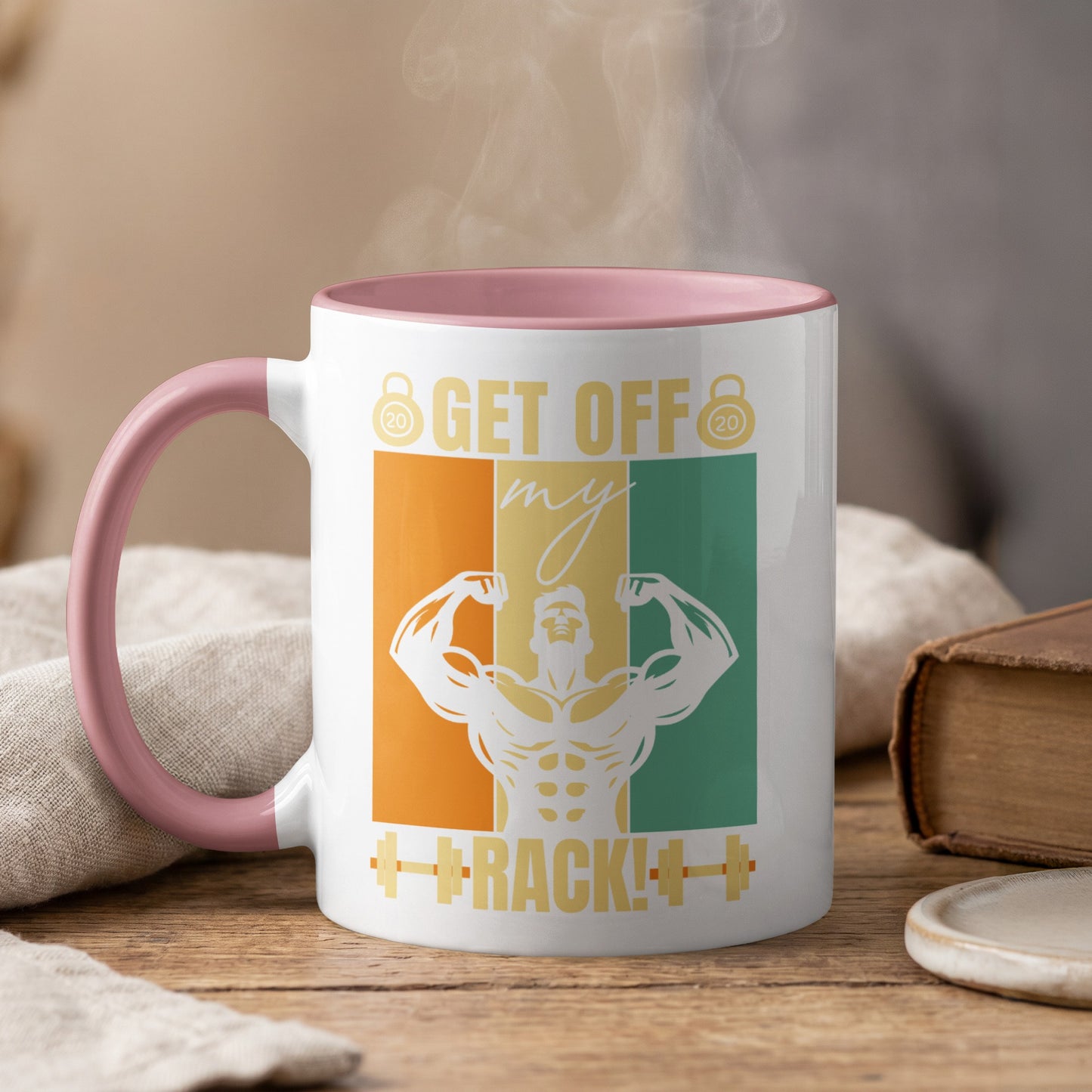 Mug with "Get Off My Back!" text and muscular man graphic.