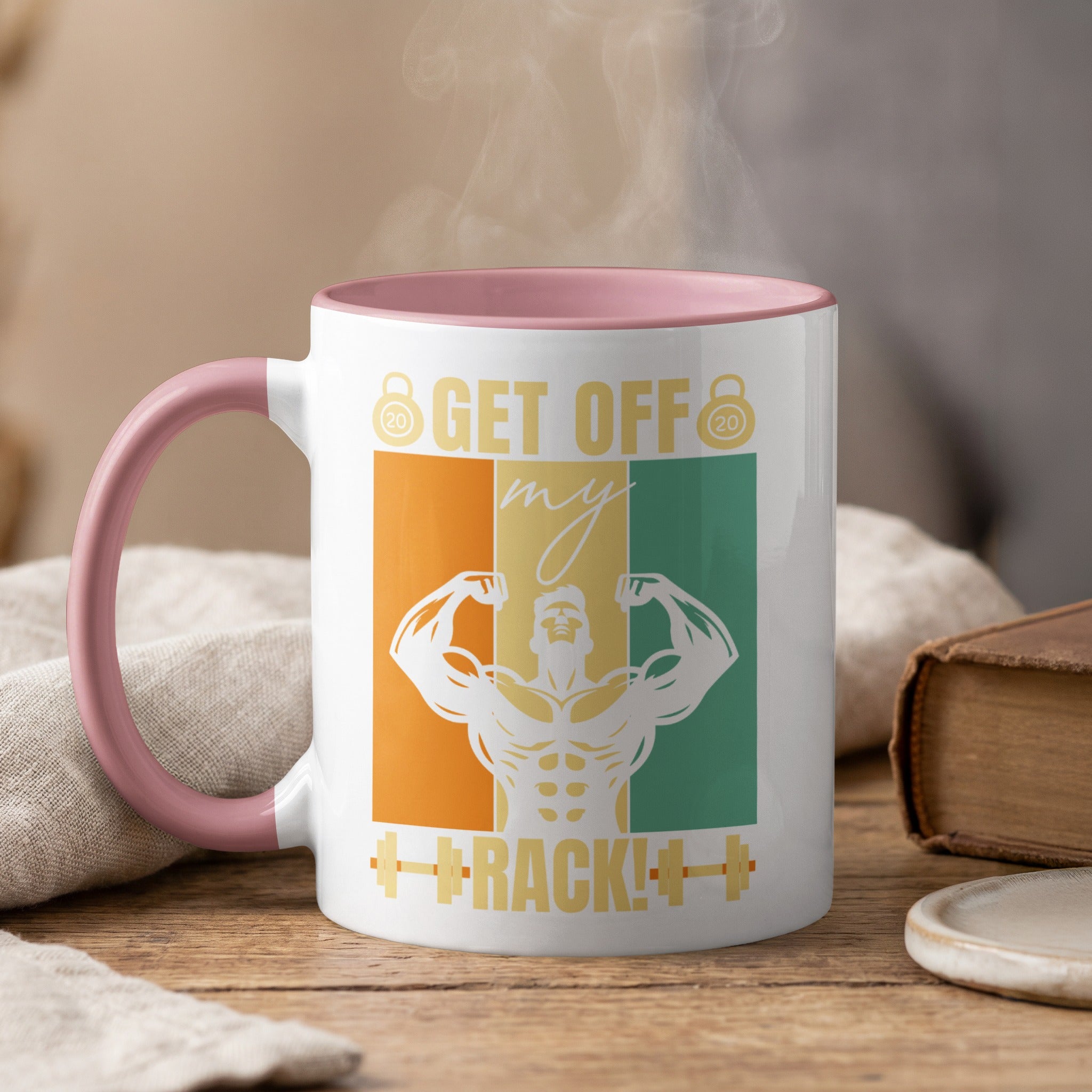 Mug with "Get Off My Back!" text and muscular man graphic.