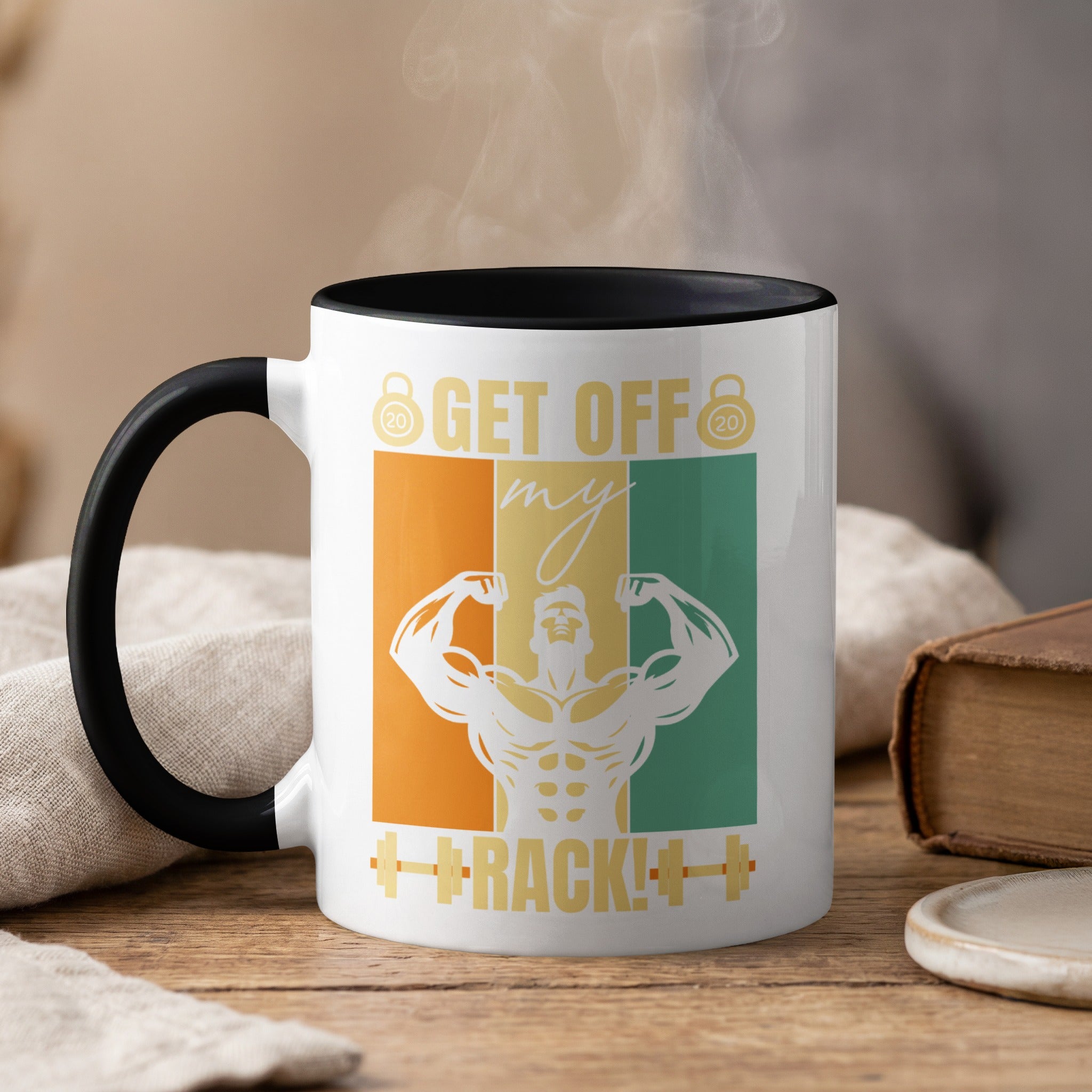 Mug with muscular man graphic and "Get Off My Back!" text.