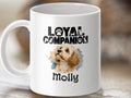 Mug with watercolor dog art and text "Loyal Companion Molly."