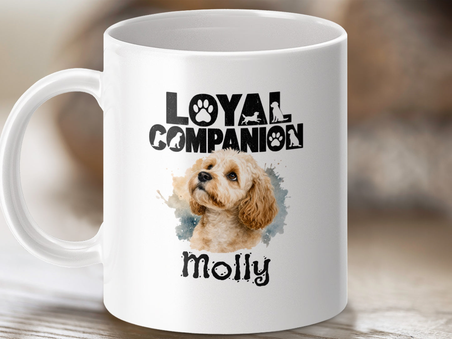 Mug with watercolor dog art and text "Loyal Companion Molly."